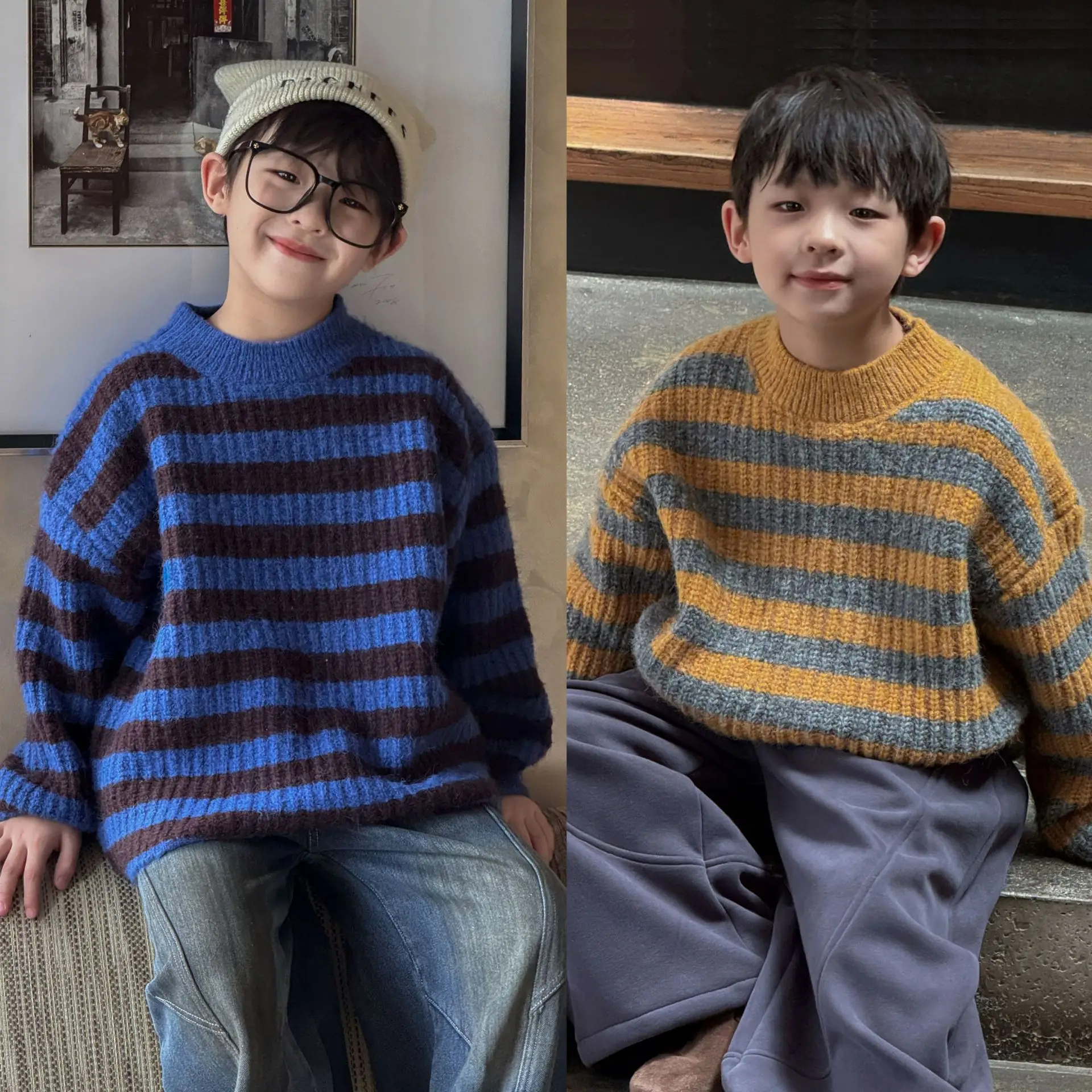 

Children Clothing New Korean Style Striped Round Neck Sweater Autumn Winter Boys Soft Comfortable Loose and Thick Sweater