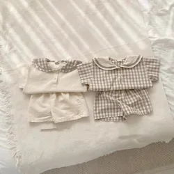 Conjunto de roupas xadrez de bebê marinho, tops e shorts de manga curta infantil, meninos e meninas, novo, verão, 2pcs suit, 2024