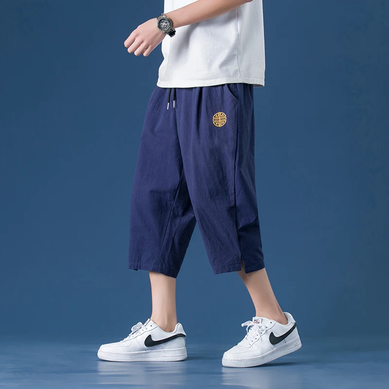 Men's Summer Thin Linen Seven-Five Pants Casual Sport orts Knee-Length Outerwear Breathable Comfortable Straight Leg Trousers