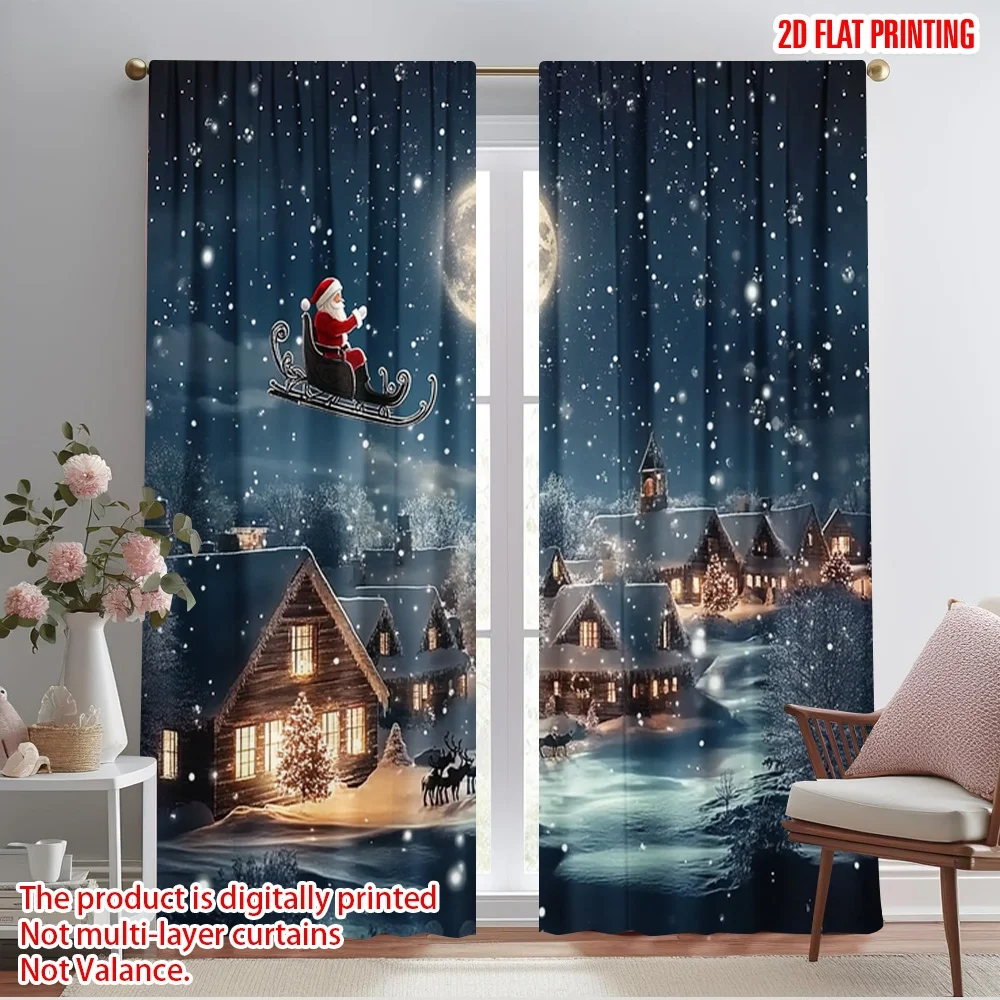 2pcs,2D plane printing Curtains Digital Printed Santa Claus sleigh reindeer (2) Versatile Durable Polyester (without rod)