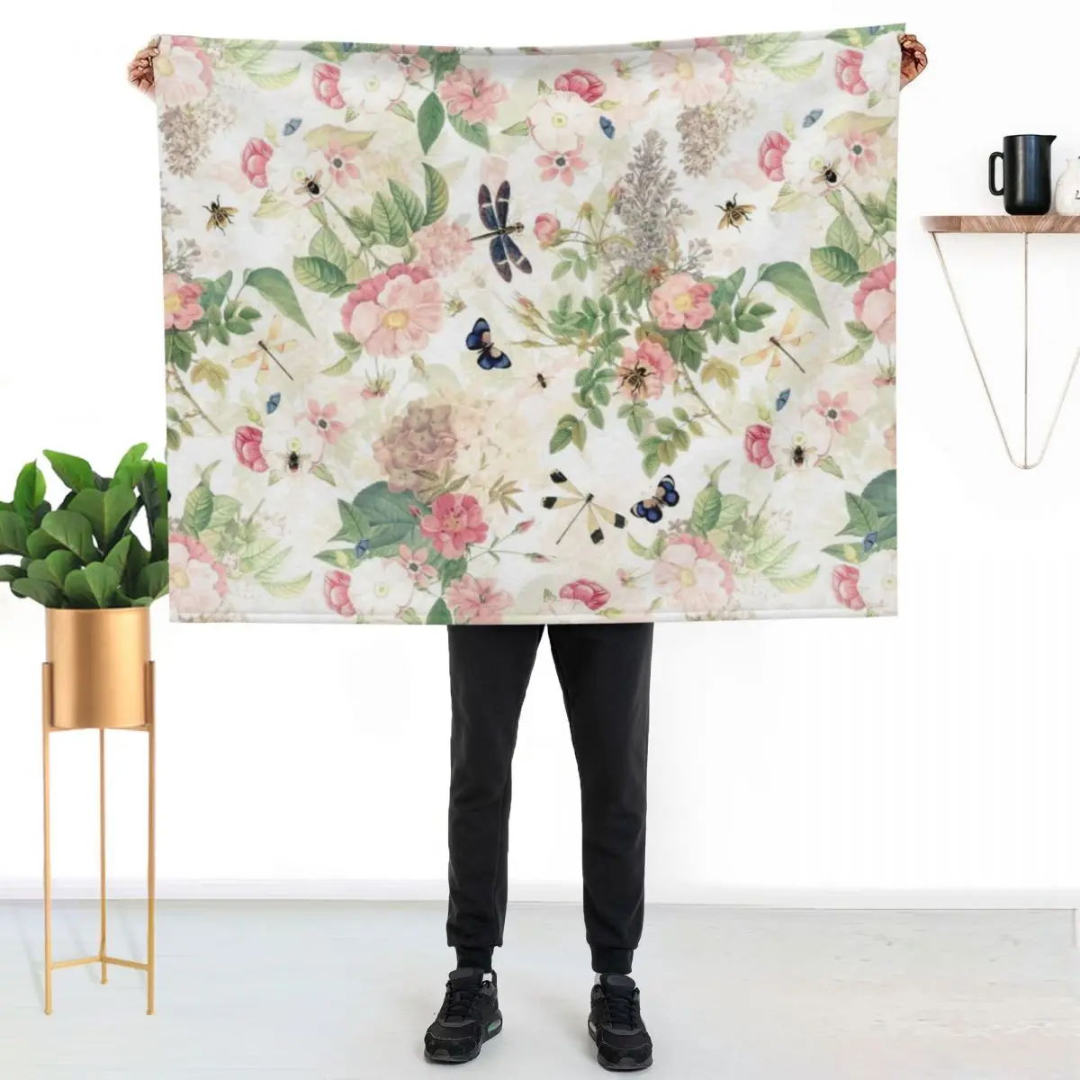 UtART - Vintage Roses Spring Flower And Early Insects Pattern - Sepia Blush Cream white Throw Blanket heavy to sleep Blankets