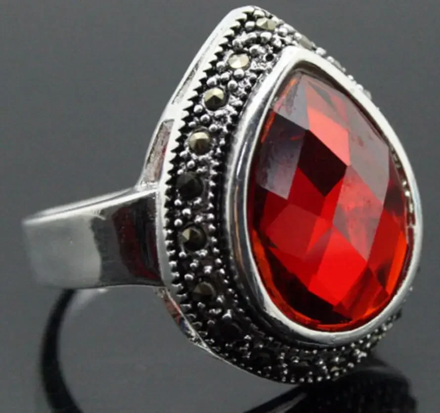 

Fashion jewelry wholesale good nice design lady's 925 SILVER 25*20mm FACETED RED RUBY MARCASITE DROP RING SIZE 7