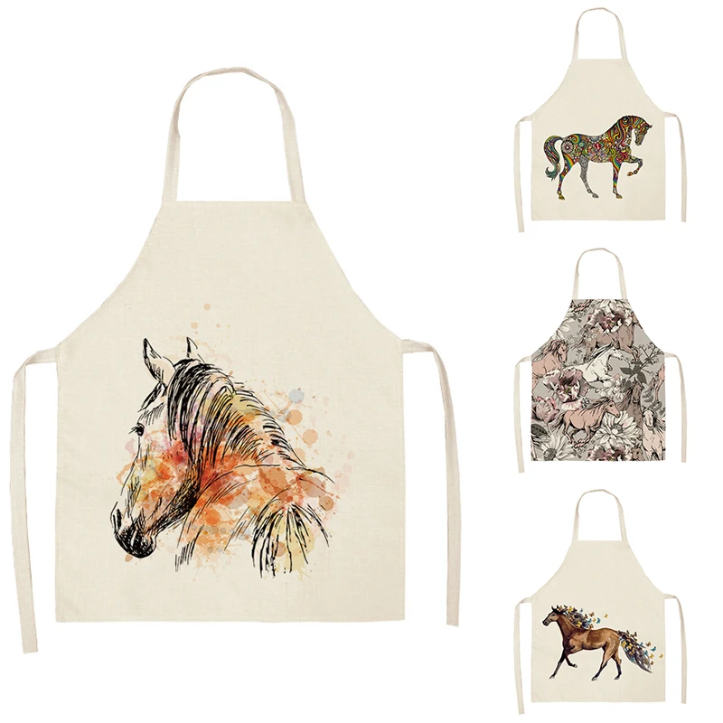 1pc Horse Print Linen Apron Dinner Bib Kitchen Cooking Baking BBQ Stain Resistant Apron Home Cleaning Accessories