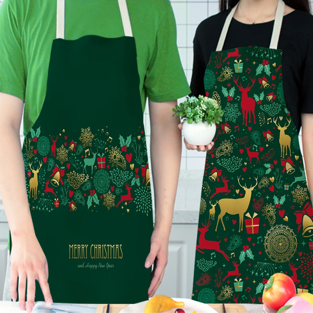 Green Custom Linen Cooking Apron Dress Christmas Tree Gift Elk Child Kitchen Funny Kitchen Apron for Women Baking Accessories