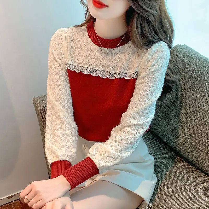 

Lace long-sleeved T-shirt women's spring and autumn outfit spring and autumn new f top spliced cotton base shirt underwear