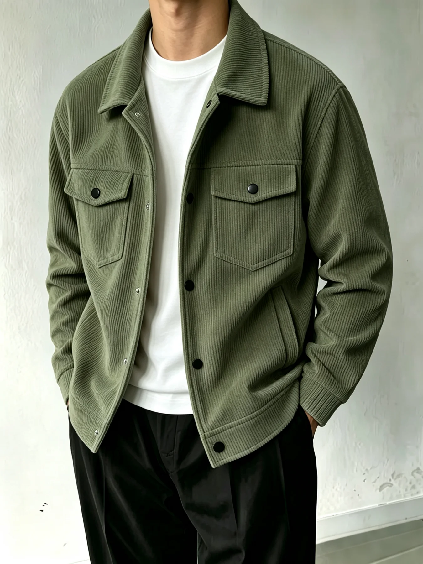 Lässige Herrenjacke aus Cord mit Revers, langen Ärmeln, Knopfleiste, Trucker-Stil, mit aufgesetzten Taschen, ideal als Oberbekleidung für Herbst und Winter, für den täglichen Gebrauch. – Detail 1