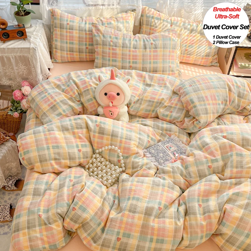 Kariertes Bettbezug-Set mit 2 Kissenbezügen, atmungsaktives, ultraweiches Bettwäsche-Set für Einzel-/Paar-Bett, Bettdeckenbezug-Set