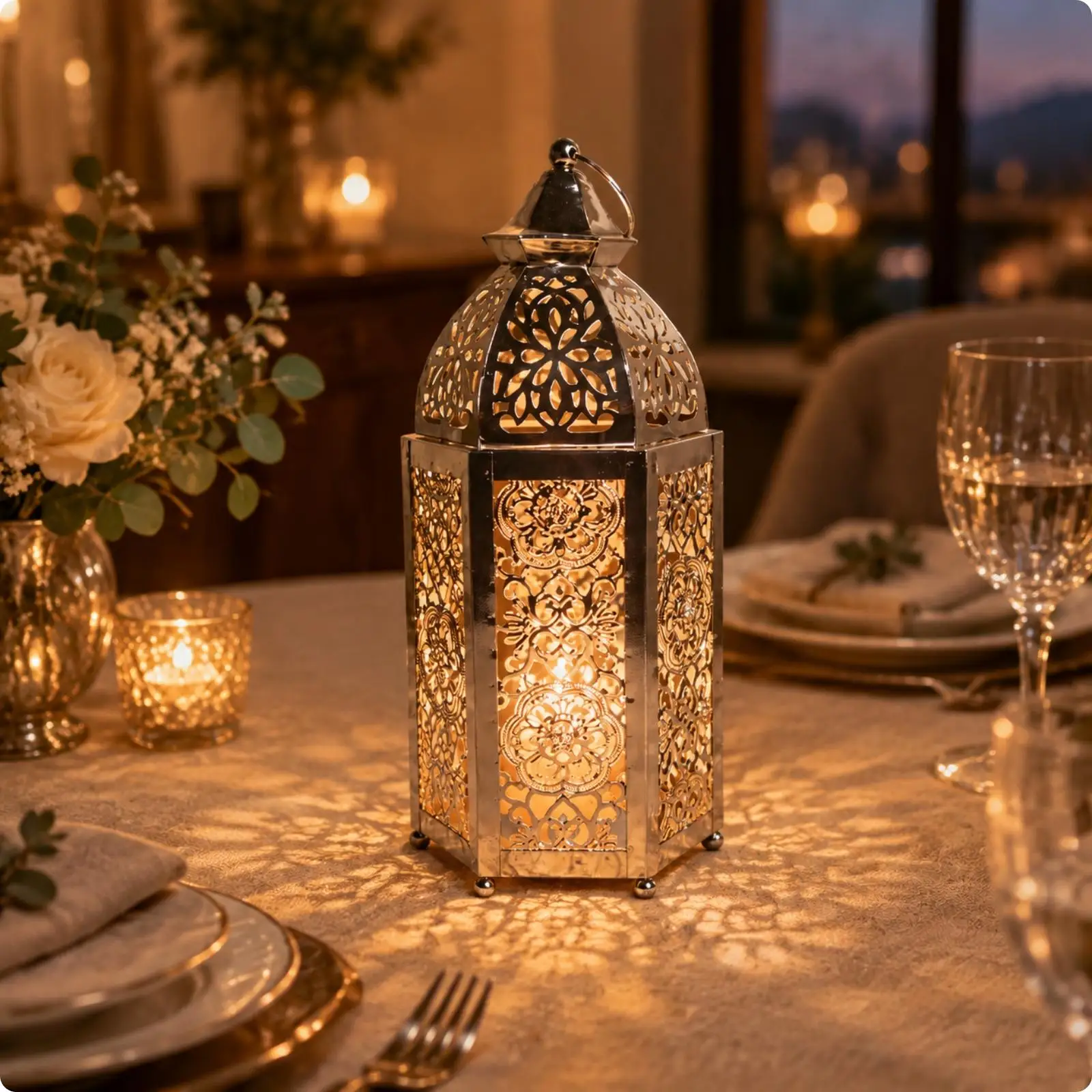 Decorative Metal Candle Lanterns Openwork Hexagonal Lantern with Loop Handle Pierced Metal Candle Lantern Elegant Freestanding