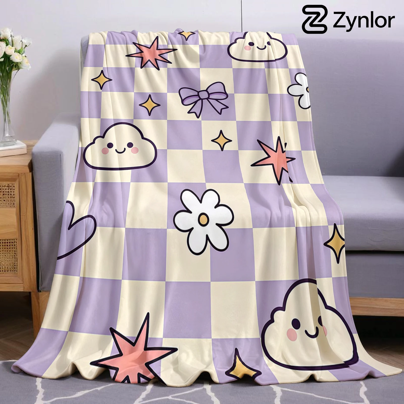 Purple Checker Cute Doodle Ultra Soft Sherpa Fleece Blanket Fluffy Warm Halloween Cozy Throw for Sofa Couch Bedroom All season