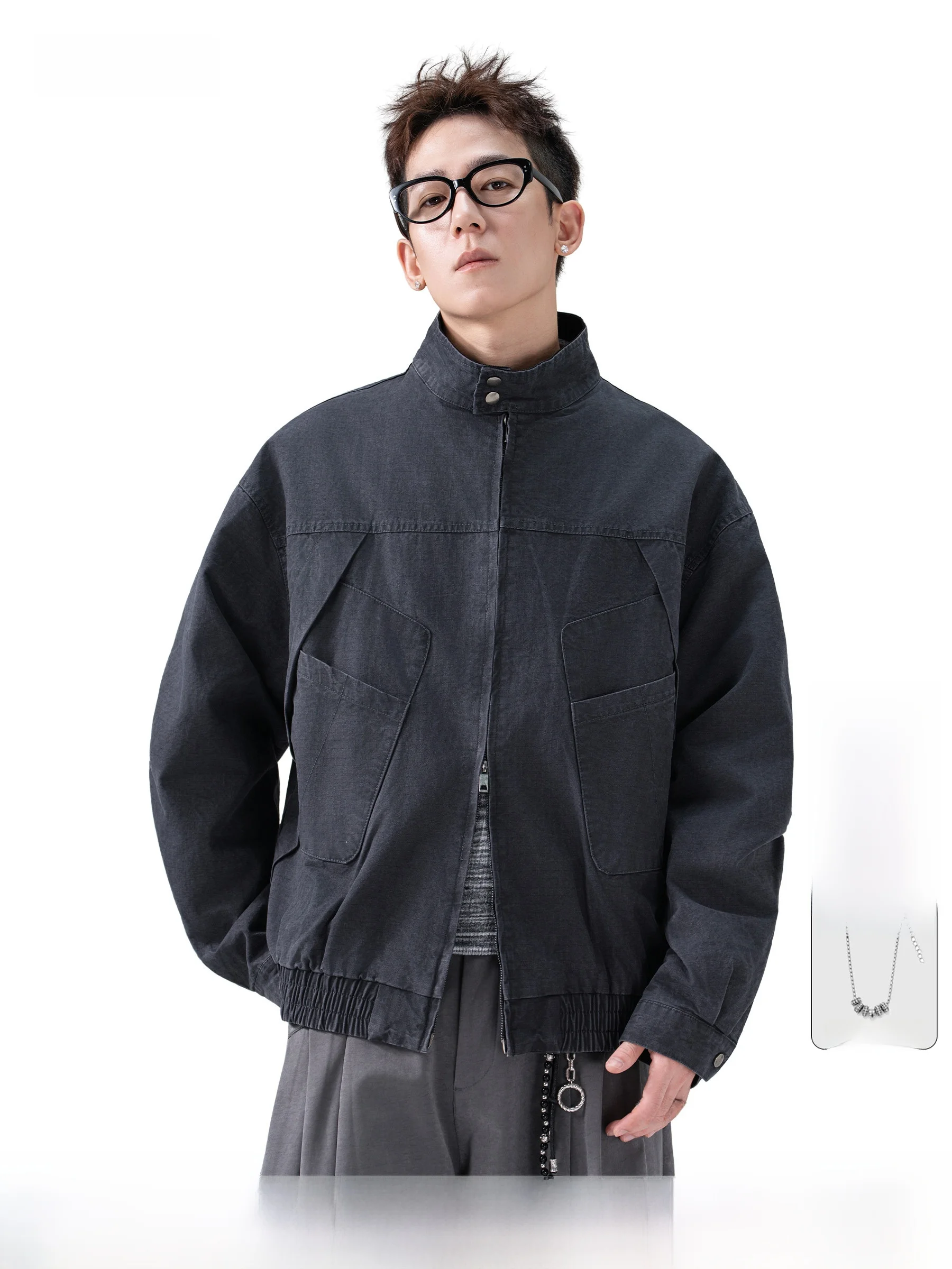 American Retro Deconstructed Patchwork Stand Collar Jacket Men's Loose Fit Design Workwear Outerwear Autumn Season Cotton