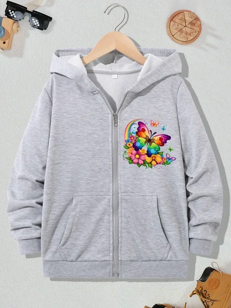 Girls Purple Zip Up Hooded Jacket Beautiful Rainbow Butterfly Flower Chest Graphic Long Sleeve Loose Soft Daily Wear Sweatshirt