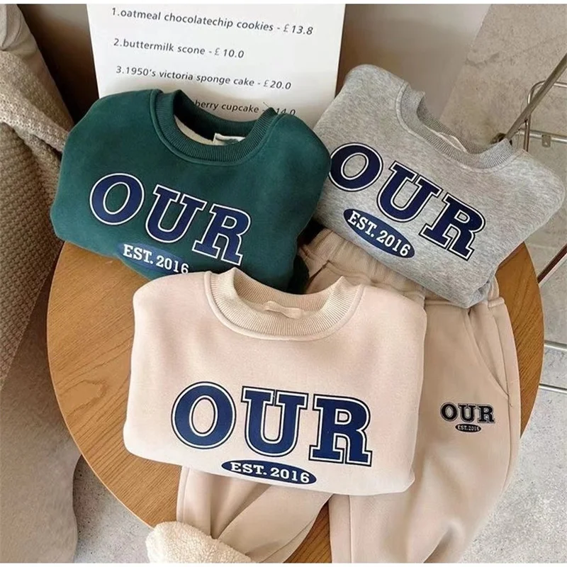 Boys Fleece Thicken Sets Winter Warm Suit Baby Girls Sweatshirts+Sweatpants 2 Pcs Kids Autumn New Outfits Children Clothes