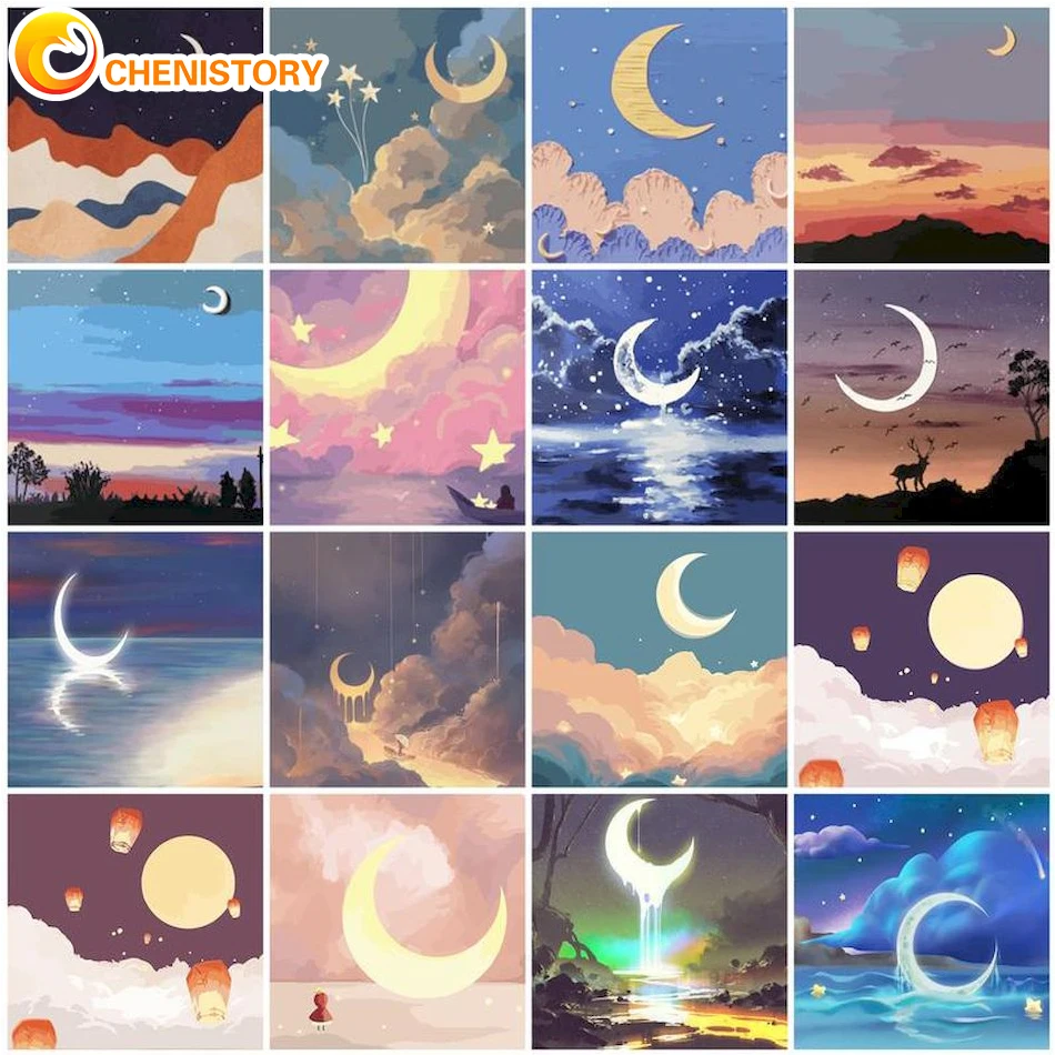 

CHENISTORY 20x20cm DIY Paint By Numbers Lunar Starry Sky Oil Painting By Numbers On Canvas With Frame Handmade For Adult Kits Gi