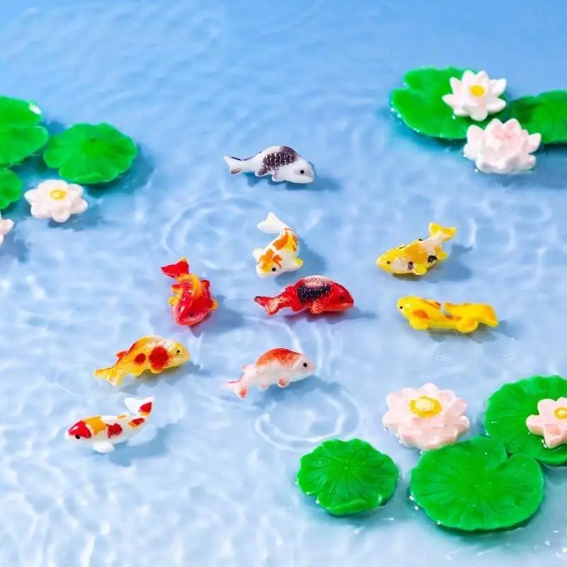 Mini Resin Koi Fish Figurines Realistic Vivid Lotus Ornaments Waterproof Durable for Aquarium Fish Tank Birthday Gift Ideas