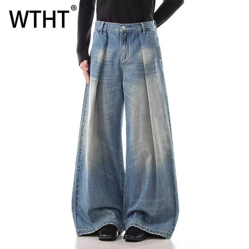 

Мужские джинсы WTHT в винтажном стиле с градиентным эффектом, плиссированные, модные, весна 2026, с высокой талией, широкие штанины, модель 2A2648