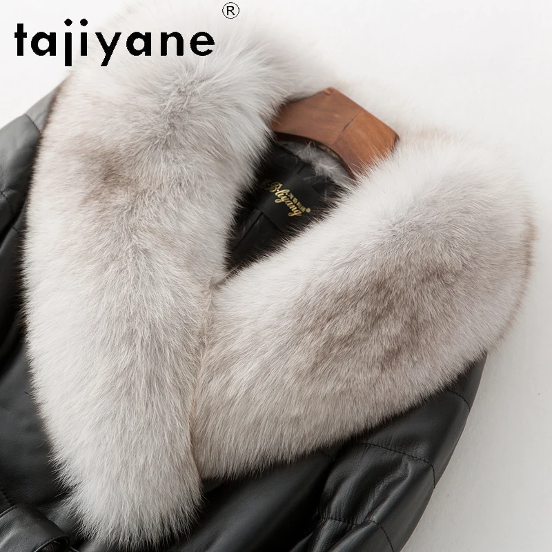 TAJIYANE سترة منتفخة من الجلد الحقيقي للنساء 100% معاطف سوداء طويلة من جلد الغنم مع ياقة من فرو الثعلب ملابس شتوية 2025 doblianка #4