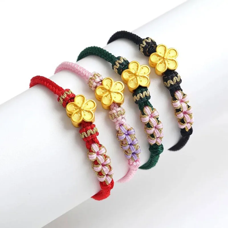 

1pcs Pure Gold Small Peach Bracelet Women's Real 24K Yellow Gold Knitted Red String Lover Bracelet Gift