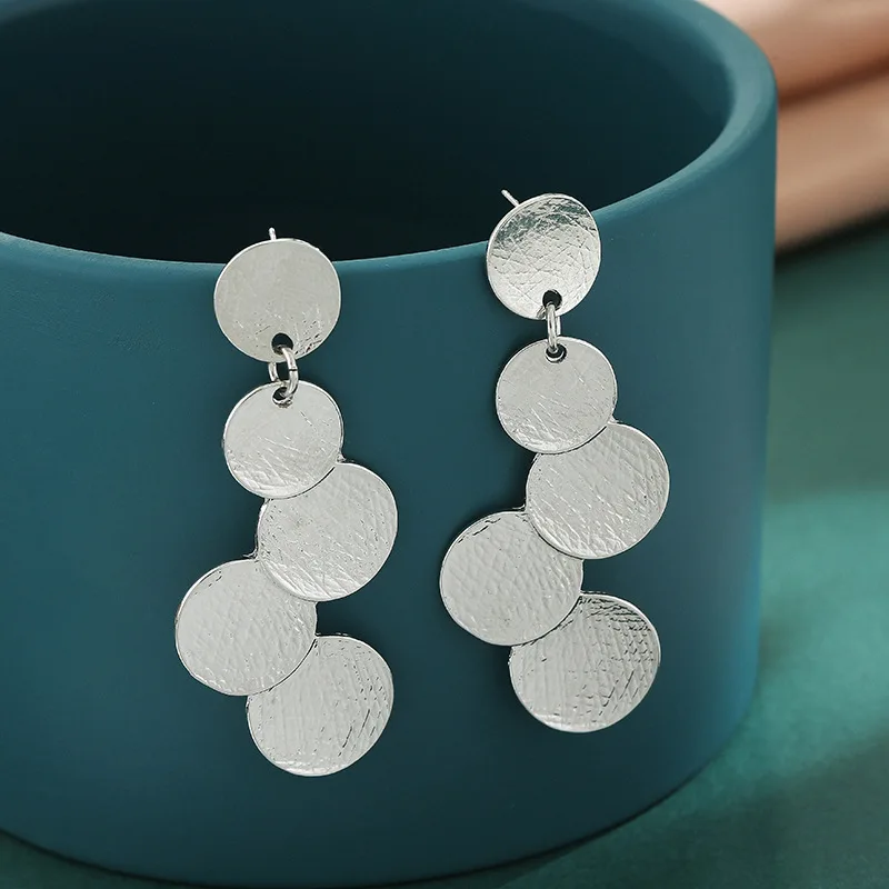 Retro Metal Long Statement Drop Earrings for Women Party Exaggerate Jewelry Brushed Metal Round Sequins Dangle Earrings Gift image 5