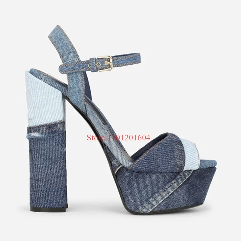 Niebieskie Denim platformy wysokie obcasy damskie Peep Toe grube otwarte kostki pasek z klamrą bawełniane lniane sandały nowe zwięzłe damskie buty