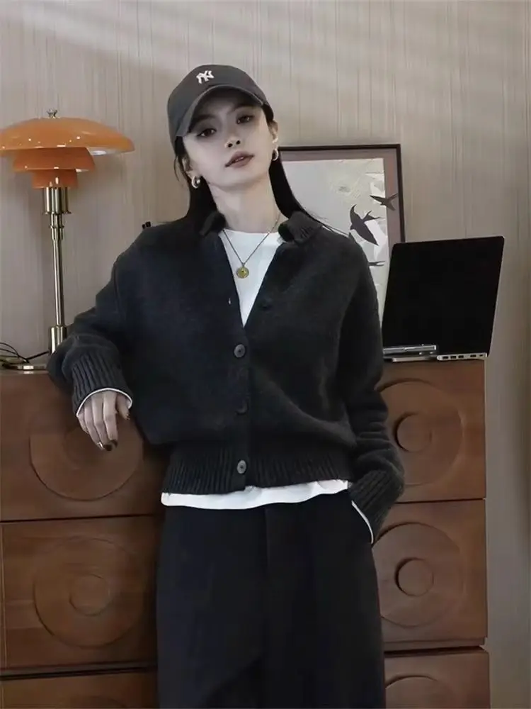 

Осень/зима 2025, 100% шерсть, вязаный кардиган, свитер, женская одежда, пальто с воротником-стойкой, топы с длинными рукавами, корейская модная новая куртка