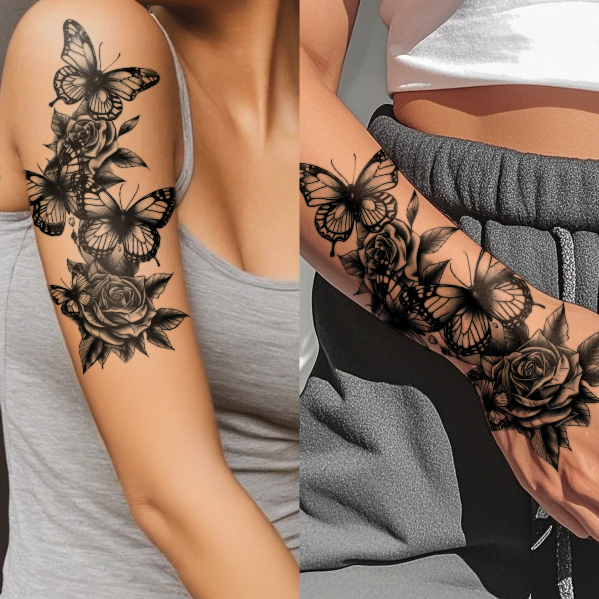 4 stücke Wasserdicht Temporäre Tattoo Aufkleber Schwarz Schmetterling Uhr Rose Lilie Pfingstrose Blume Körper Kunst Arm Gefälschte Tattoos Sleev Frauen männer