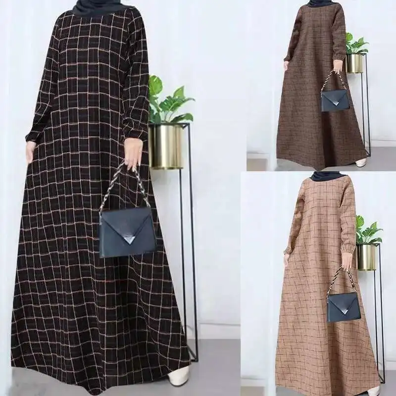 

2025 Muslim Women's Cotton and Linen Long Sleeved Checkered Round Neck Sweeping Dress, Casual Loose Spring and Autumn Robe