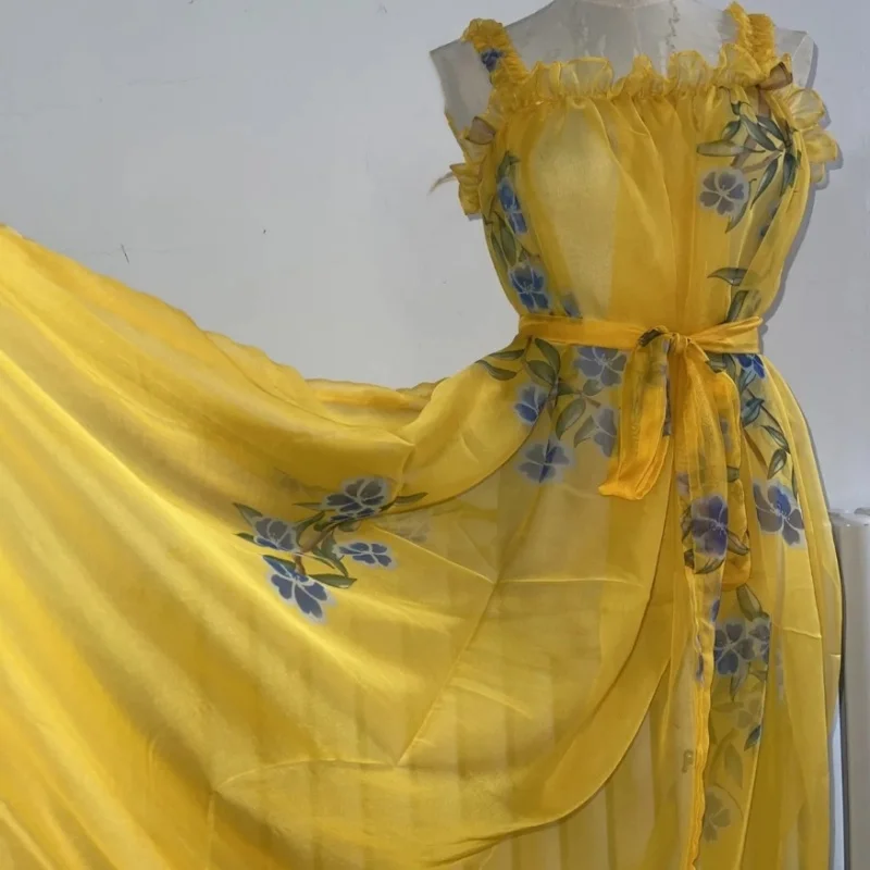 

Couple Ice Silk Soft Perspective Suspender Dress Sexy Floral Print Ruffled Long Dresses Beach Dress Sissy Party Costumes