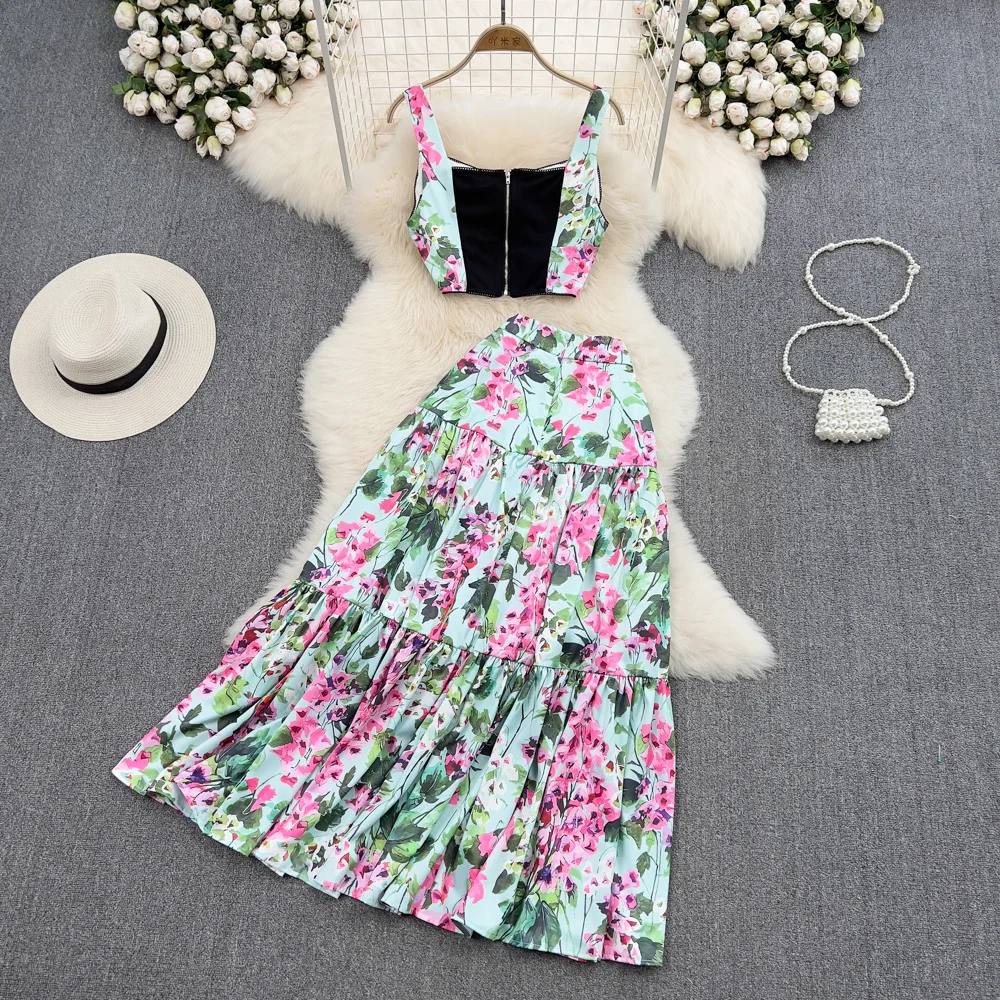 Flower Two Piece Sets Women Dress Suits Sexy Crop Tops + Pleated Maxi Long Skirts Summer 2pcs Sets Outfits 2023 New