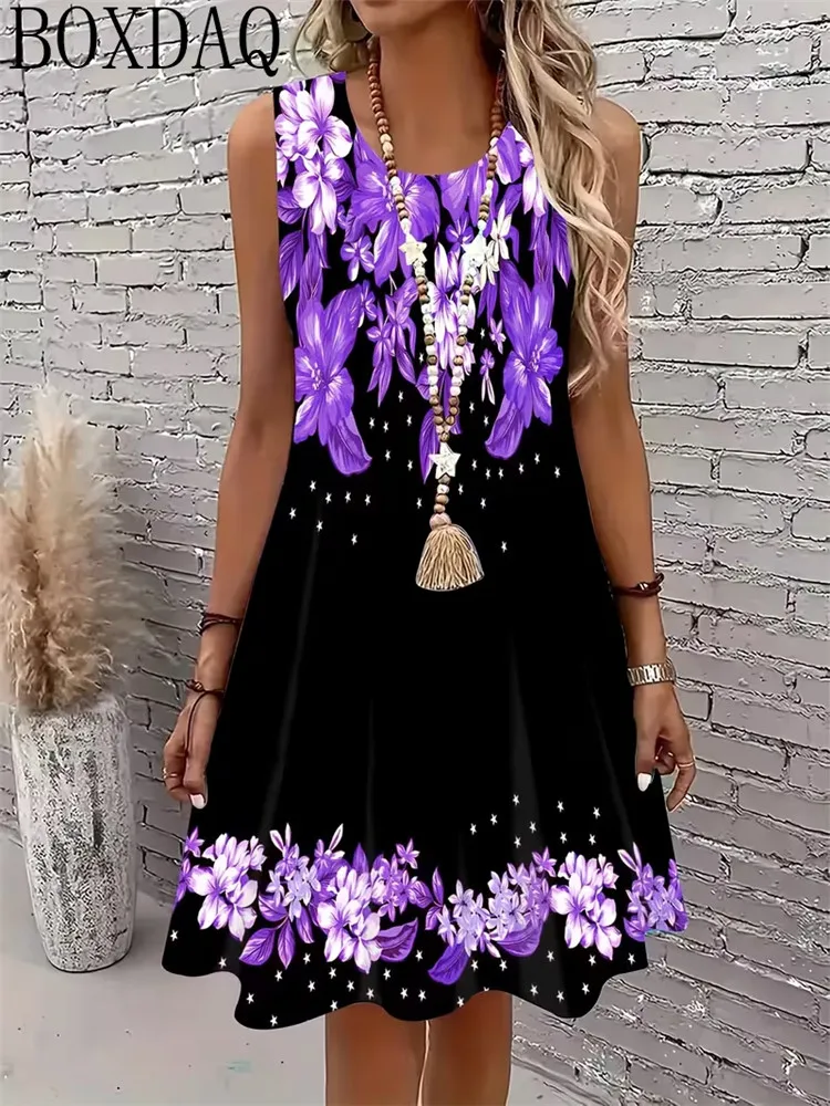 Casual women's round neck sleeveless loose flower print design A-line summer dress