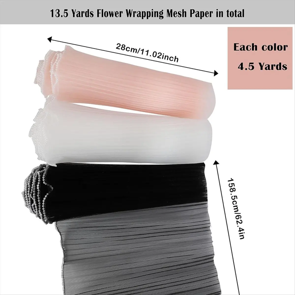 *CLOS 13.5 Yards Flower Wrapping Mesh Paper, Bouquet Floral Packaging Paper with Pearl Edge, (Black, White, Pink)