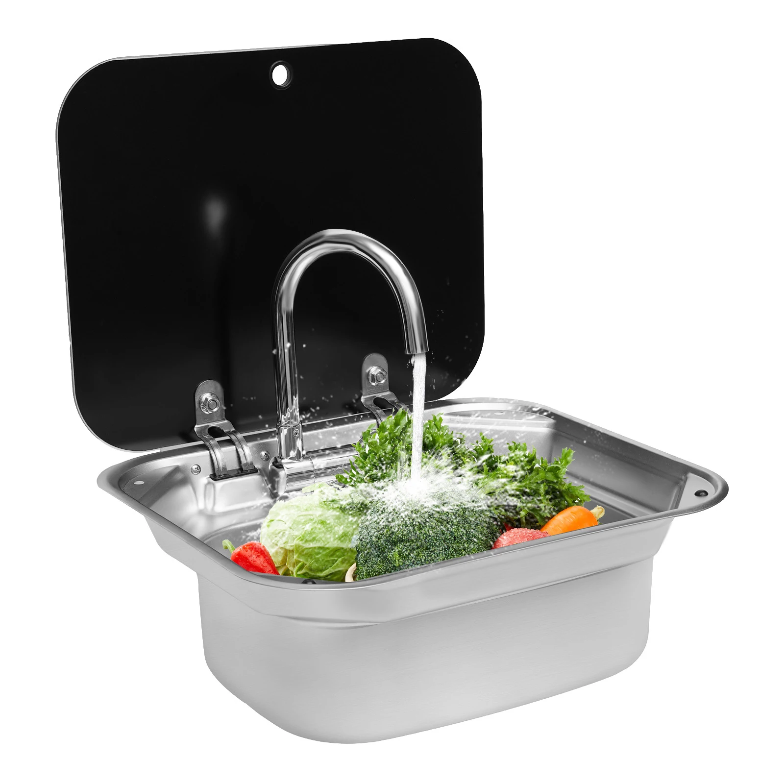 Évier de cuisine RV en acier inoxydable avec robinet pliable rond 34*15cm