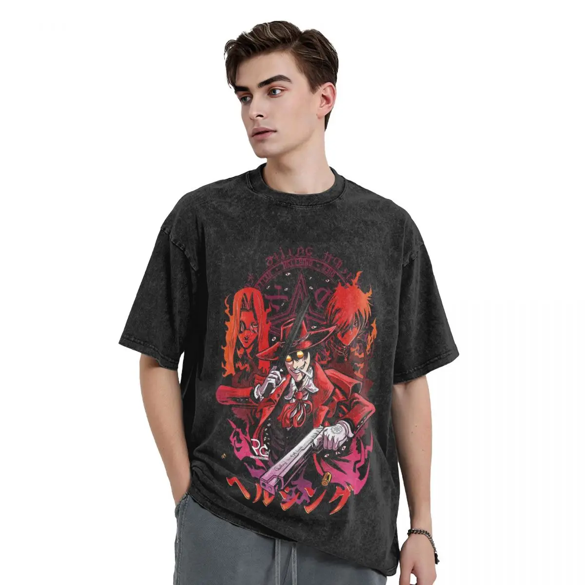

Alucard Hellsing Manga Washed T Shirts Vintage Short Sleeve Hip Hop T-Shirt Streetwear Tops Tees for Men Women