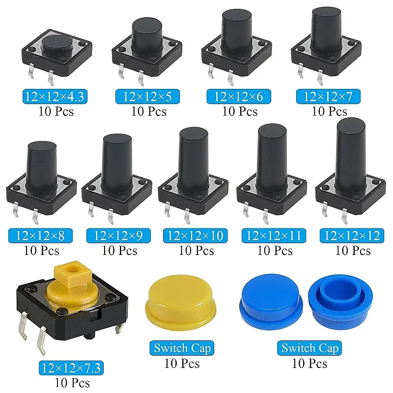 12 Values Micro Buttons, 130PCS Micro Button, Tactile Push Button Switch, 12mm x 12mm, 4-Pin Tactile Push Switch Button Kit