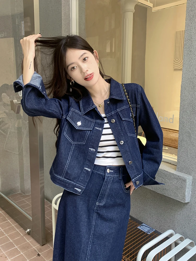 Autumn Winter Denim Two-piece Set For Women Lapel Collar Jacket Tops And Pencil Skirt Female Large Size 3XL Blue Matching Suits