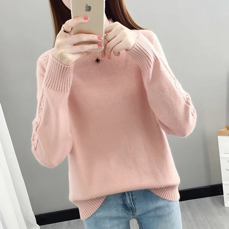 Suéter de cuello alto para mujer Otoño Invierno nuevo Jersey de punto suelto y cálido Tops prendas de punto de colores dulces jersey coreano suave