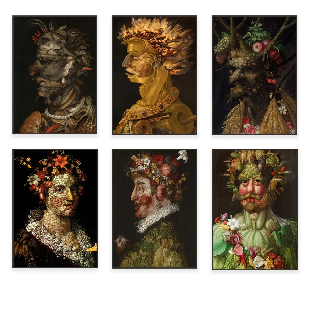 Poster of Giuseppe Arcimboldo, famous Italian Renaissance portrait painter, decorated with fruits, vegetables, flowers, artwork