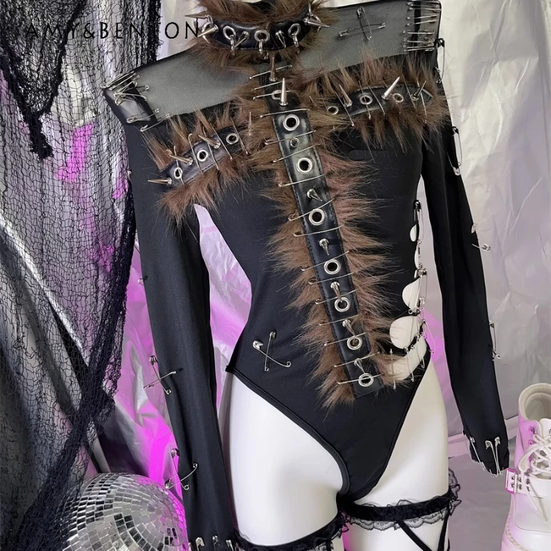 

Original Black Y2K Hollow Out Perspective Women's Clothing European American Sweet Cool Rough Punk Sexy Vest Bodysuit Ladies