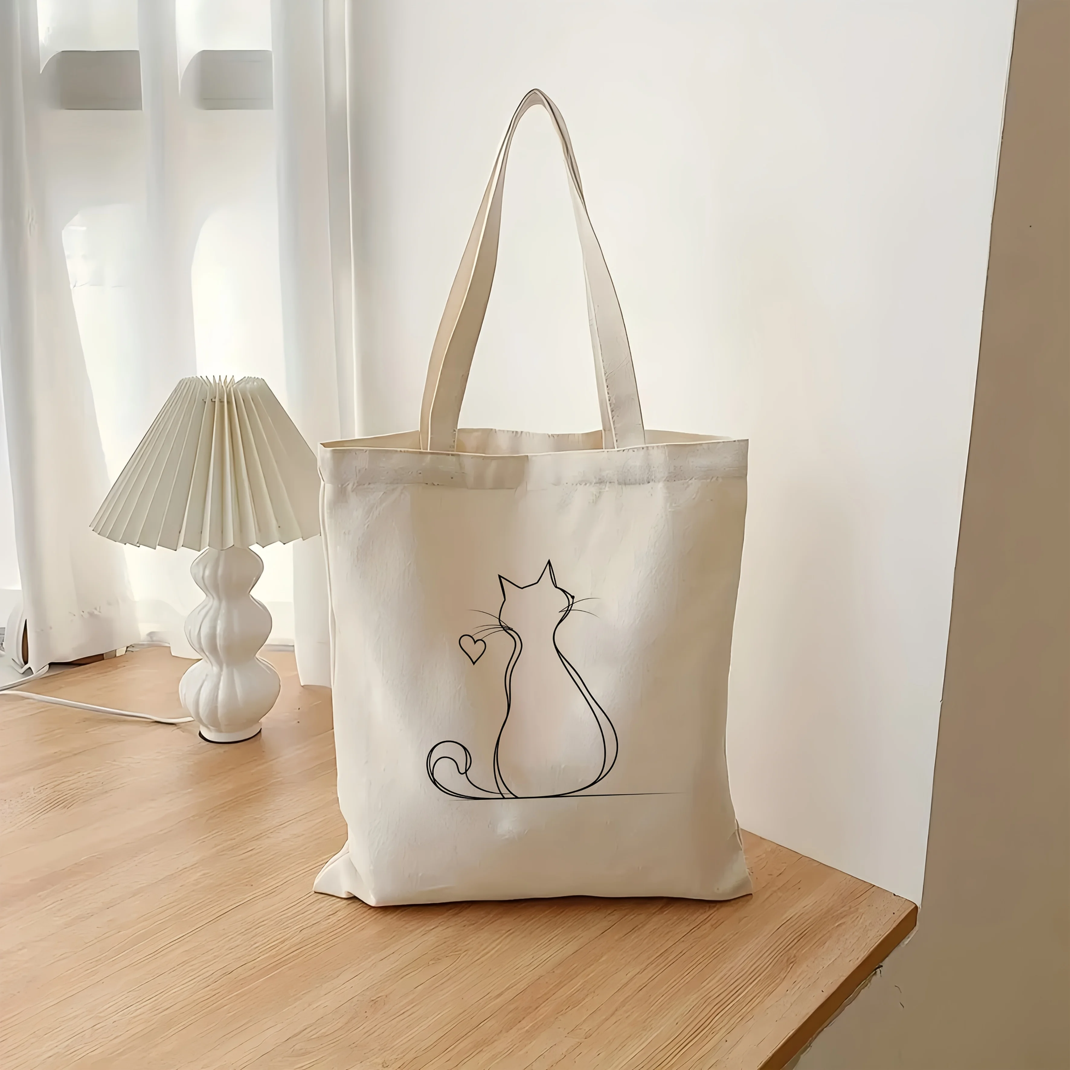 

Large Capacity Reusable Canvas Tote Bag with Black Cat Silhouette Design - Lightweight and Durable Polyester, Portable, Shopping