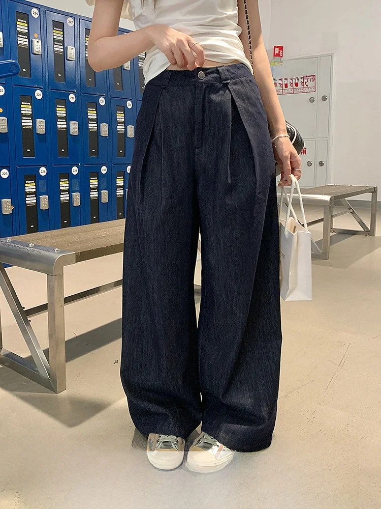 

Retro Wide Leg Blue Jeans Women's Casual Loose High Waist Slimming Floor-Length Summer Jeans Loose Fit Multi-Pocket High Waist