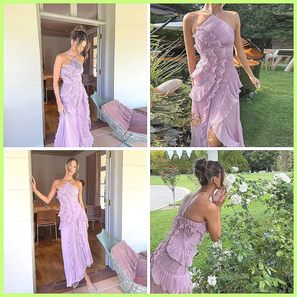 

2025 New Chic Pleated Halter Neck Maxi Dress, Purple Strapless Vacation Gown with Lotus Edge
