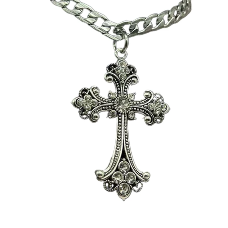 Large Detailed Cross Drill Pendant Necklace Silver Color Tone Gothic Punk Jewellery Fashion Charm Statement Women Girls Gift