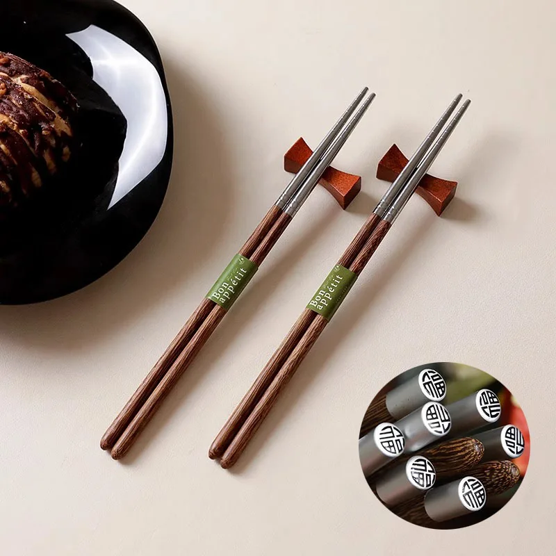 2/5 Pairs Non-slip 304 Stainless Steel and Wooden Spliced Chopsticks Chinese Reusable Sushi Chop Sticks Set Kitchen Tableware