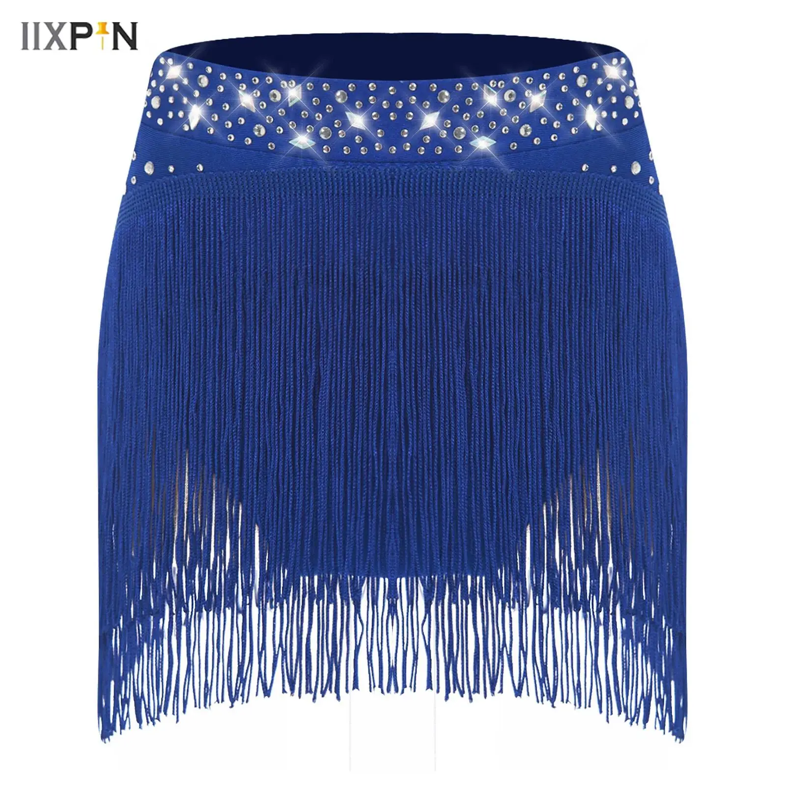 

Kids Girls Latin Dance Skirt Sparkly Sequins Elastic Waist Integrated Safety Shorts Fringe Dance Bottoms Samba Tango Dancewear