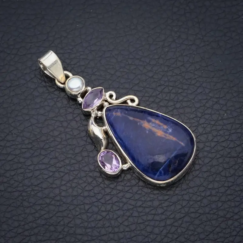 StarGems Natural Navy Sodalite&Amethyst And River Pearl Handmade 925 Sterling Silver Pendant 2 1/4