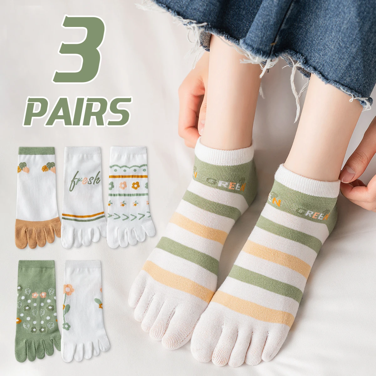 3 Pairs of Women's Cotton Spring and Autumn Cartoon Cute Small Flower Stripes Sweet College Style Comfortable Five Toe Socks