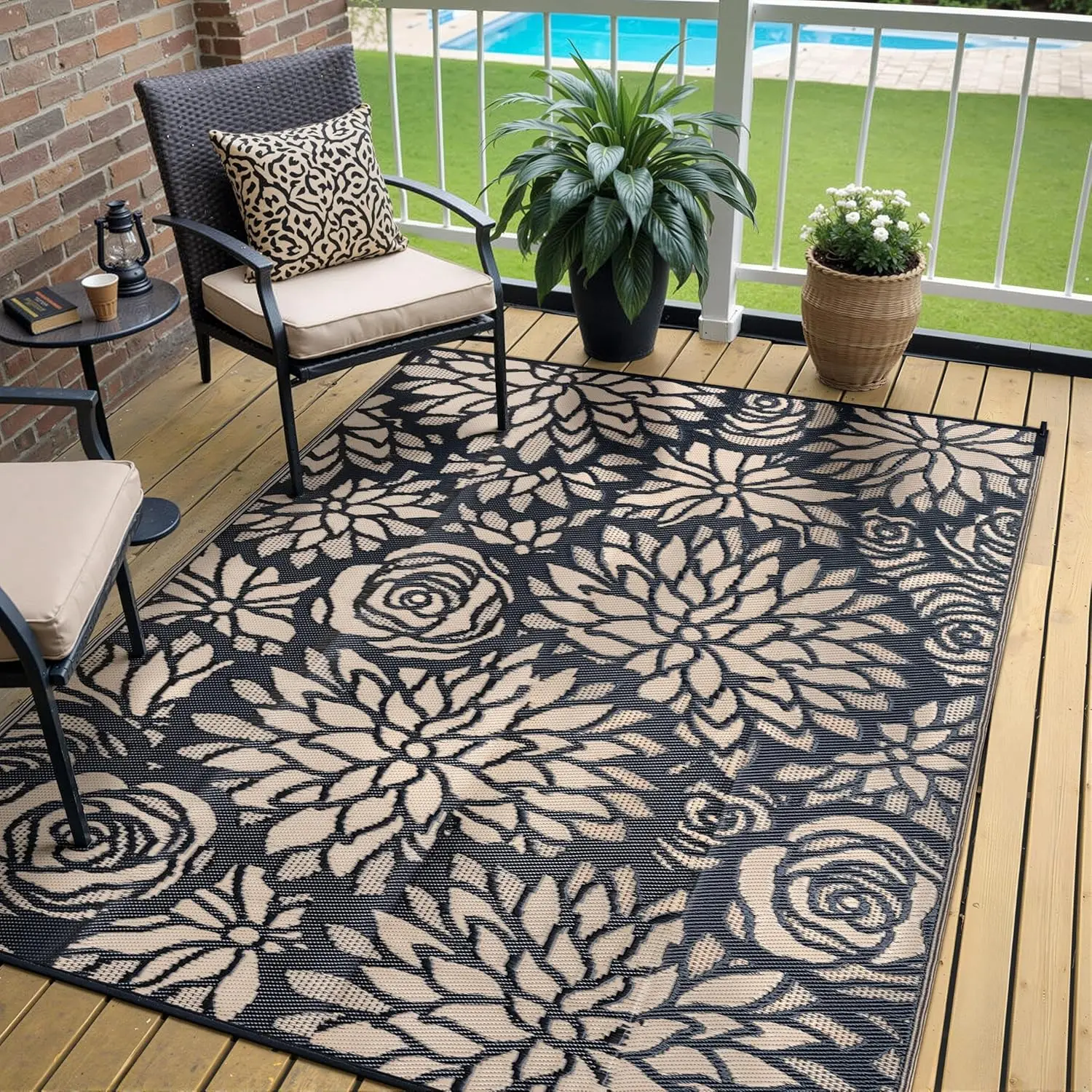 

Outdoor Plastic Straw Rug Waterproof Patio 6x9 Black Brown Floral Mat for Porch Camping RV Balcony Deck Courtyard Reversible
