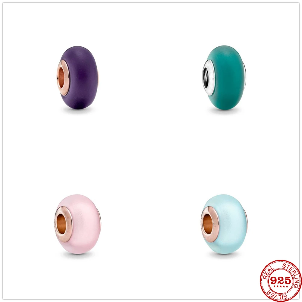 Nouveau 925 argent Sterling mat violet vert rose bleu verre de Murano breloque à perles Original pendentif Bracelet bijoux à bricoler soi-même pour les femmes