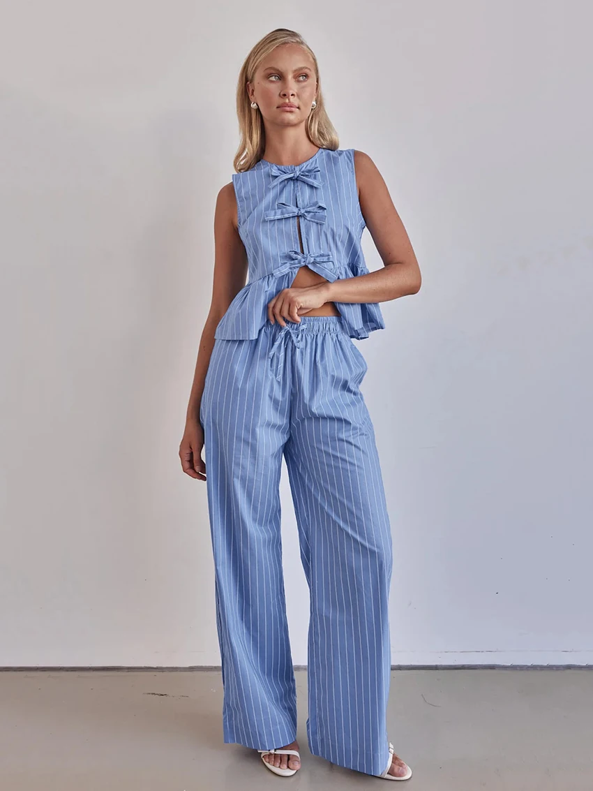 Marthaqiqi Summer Women Pajamas Set O-Neck Sleepwear Crop Top Nightwear Lace Up Nightie Sleeveless Pyjamas Pants Nightgowns Suit