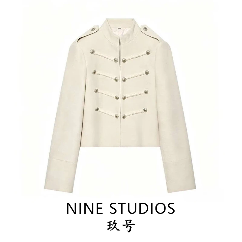 NINE ZAR Women's Casual Pure Color Coat Jacket Napoleon Collar Tweed Button up Long Sleeve Winter Fashion Short Outerwear