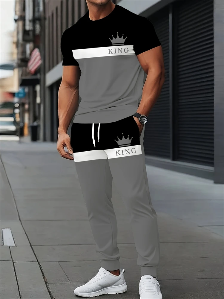 

Men's Casual Fall Set Crew Neck Short Sleeve Top With Casual Trousers Stylish Outdoor Streetwear Two-Piece Set For Men